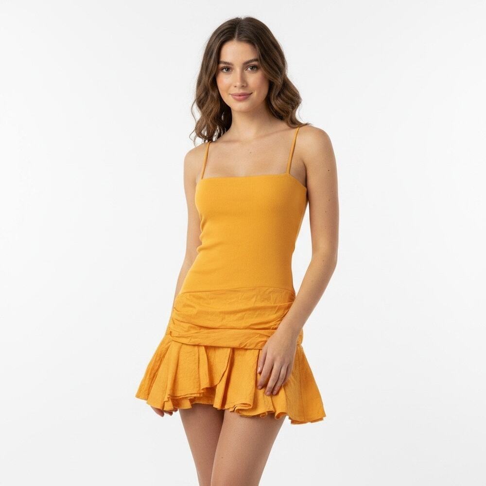 Zara Orange Mini Dress Drop Waist Mini Ruffle Hem Bodycon Y2K Medium Vacation